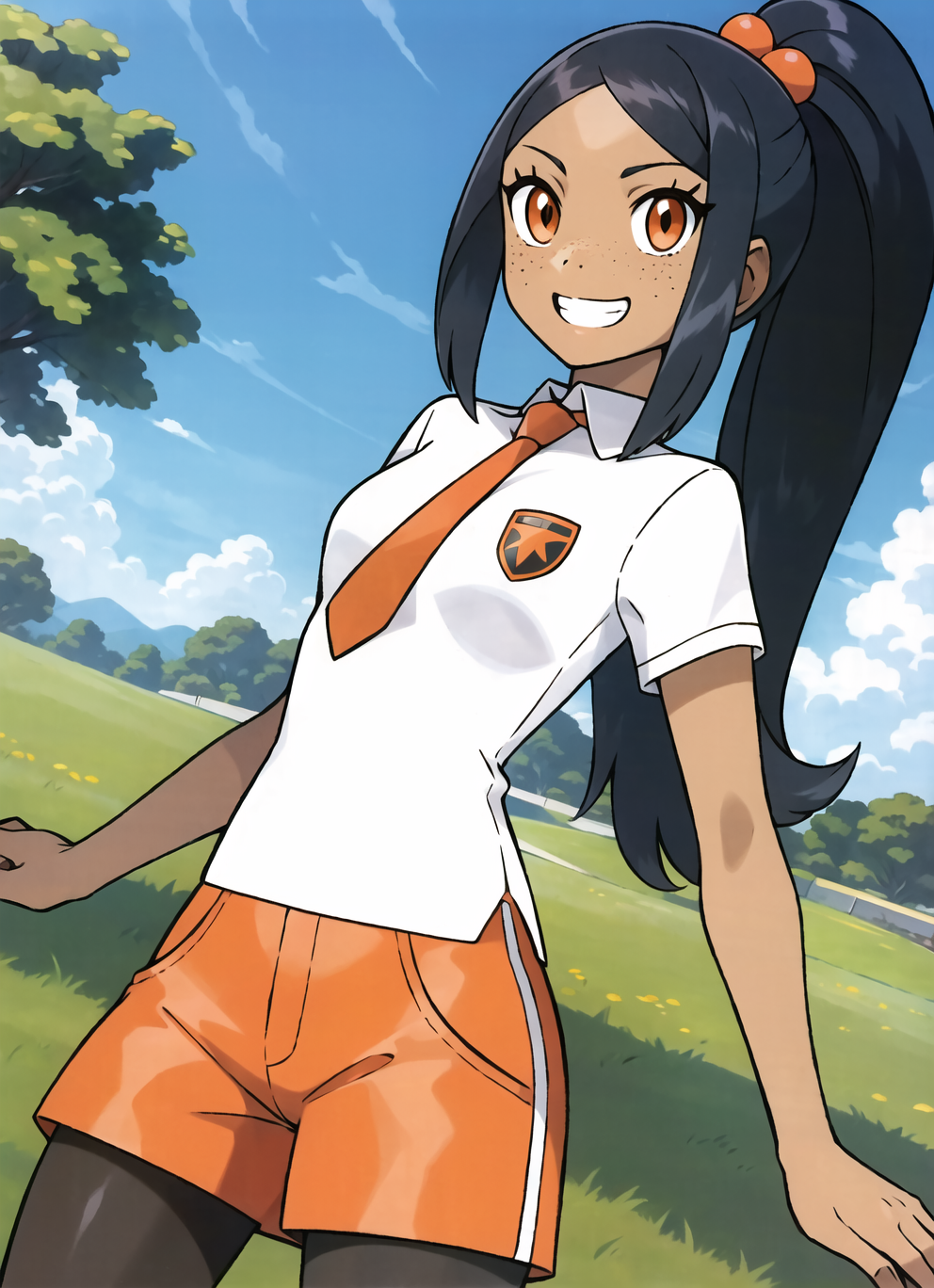 3978524174-950900703-sugimori ken _(style_), 1girl, black hair, breasts, dark-skinned female, dark skin, freckles, grin, long hair, naranja academy s.png